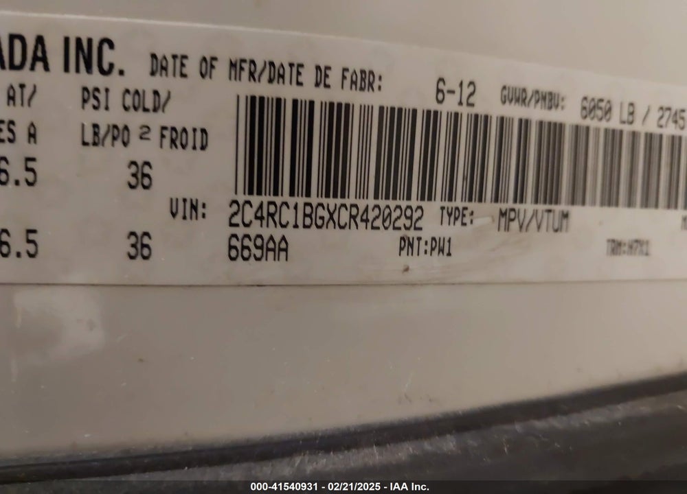 2012 CHRYSLER TOWN & COUNTRY VIN: 2C4RC1BGXCR420292