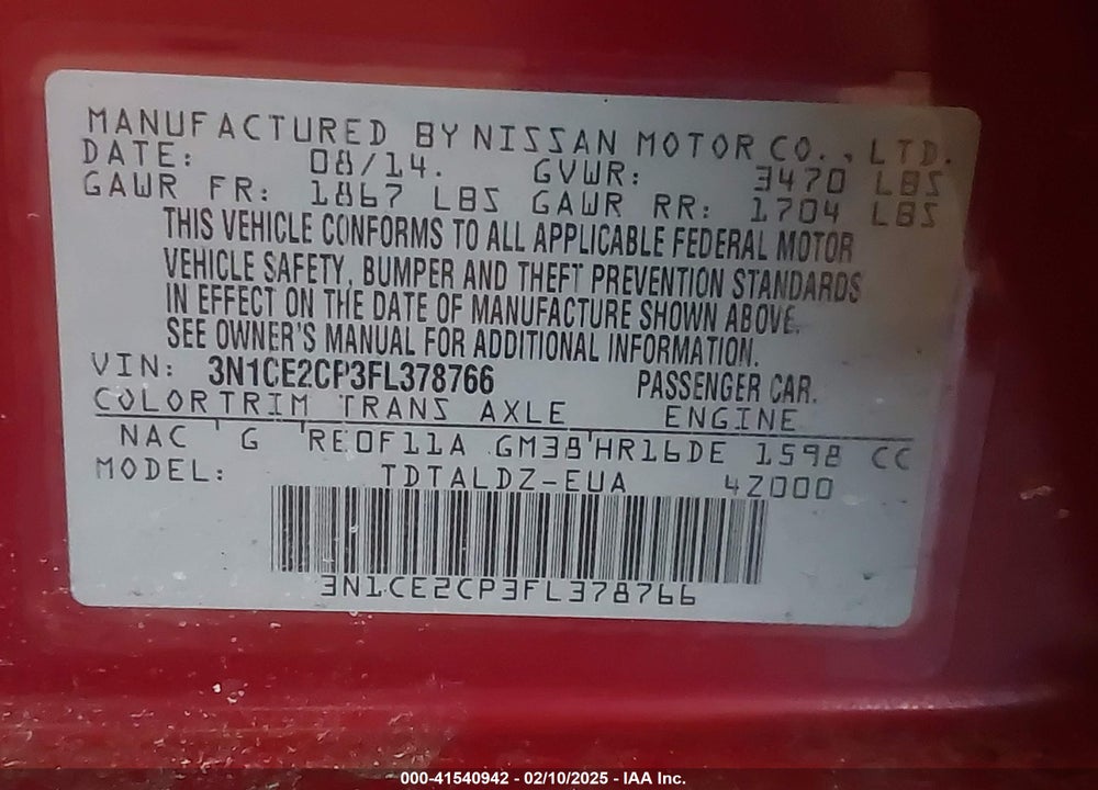 2015 NISSAN VERSA NOTE VIN: 3N1CE2CP3FL378766