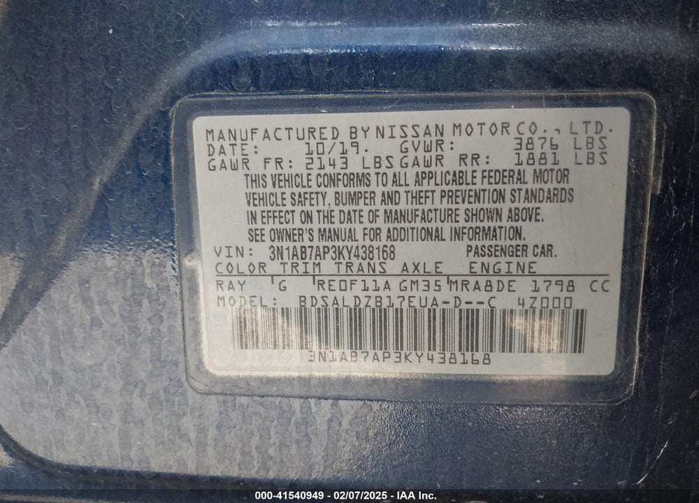 2019 NISSAN SENTRA SV VIN: 3N1AB7AP3KY438168