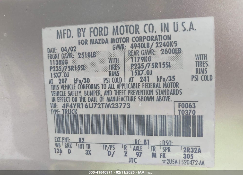 2002 MAZDA B3000 DS VIN: 4F4YR16U72TM23773