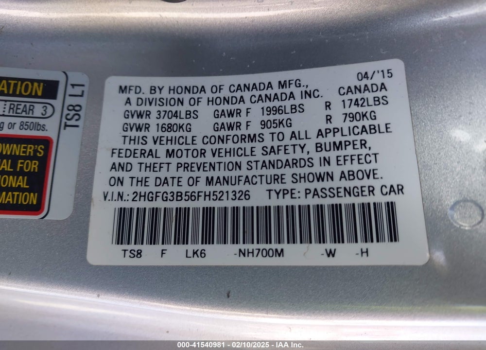 2015 HONDA CIVIC VIN: 2HGFG3B56FH521326