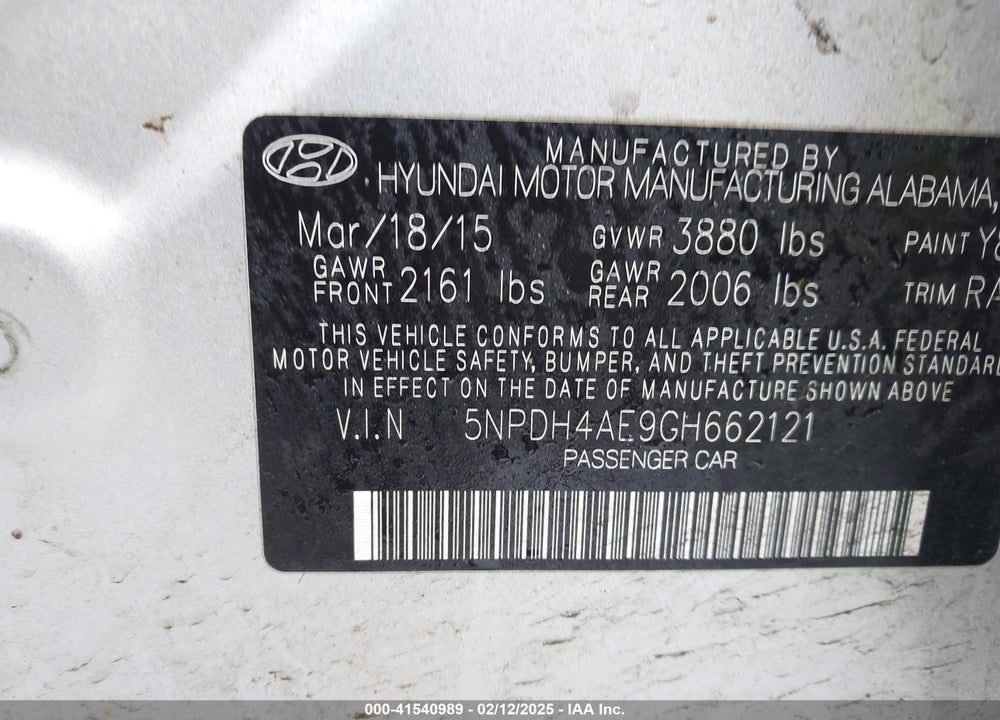 2016 HYUNDAI ELANTRA VIN: 5NPDH4AE9GH662121