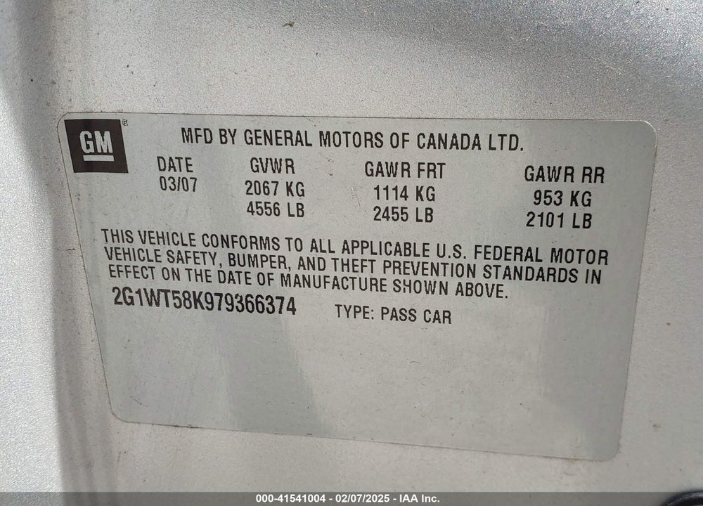 2007 CHEVROLET IMPALA LT VIN: 2G1WT58K979366374
