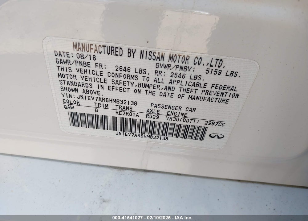 2017 INFINITI Q50 VIN: JN1EV7AR6HM832138