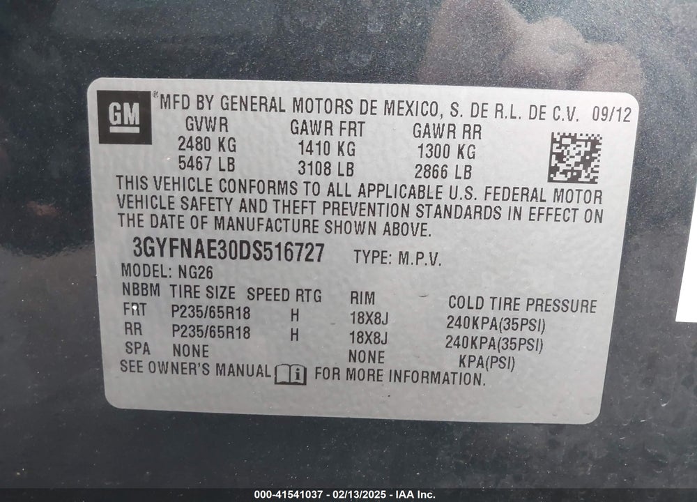 2013 CADILLAC SRX VIN: 3GYFNAE30DS516727