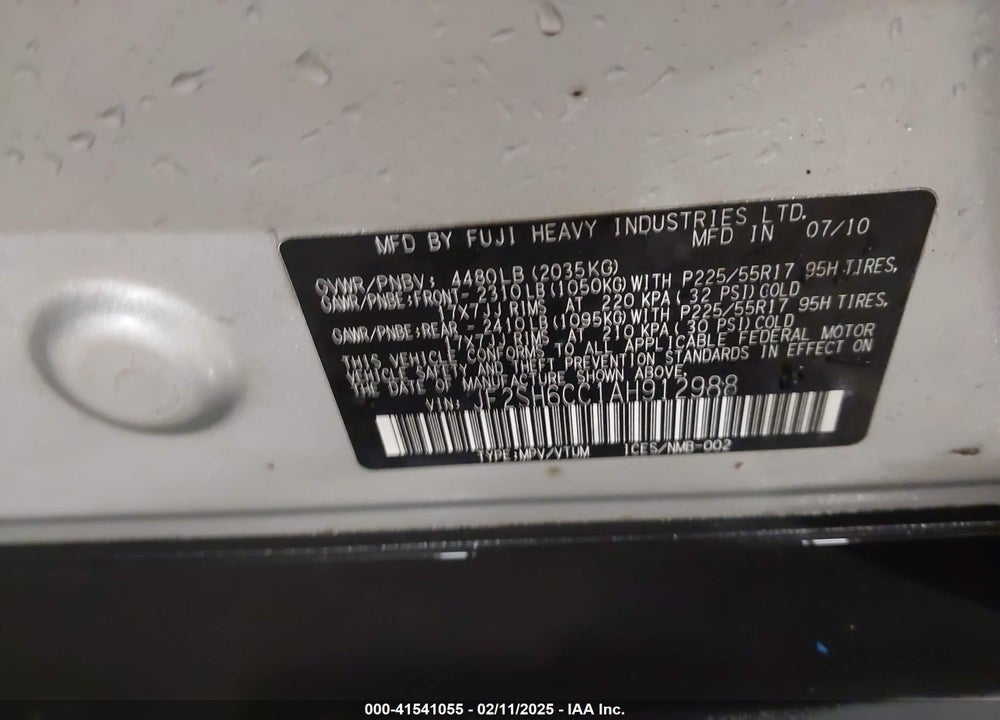 2010 SUBARU FORESTER VIN: JF2SH6CC1AH912988