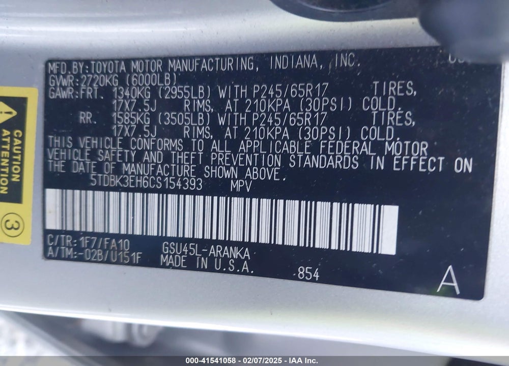 2012 TOYOTA HIGHLANDER VIN: 5TDBK3EH6CS154393