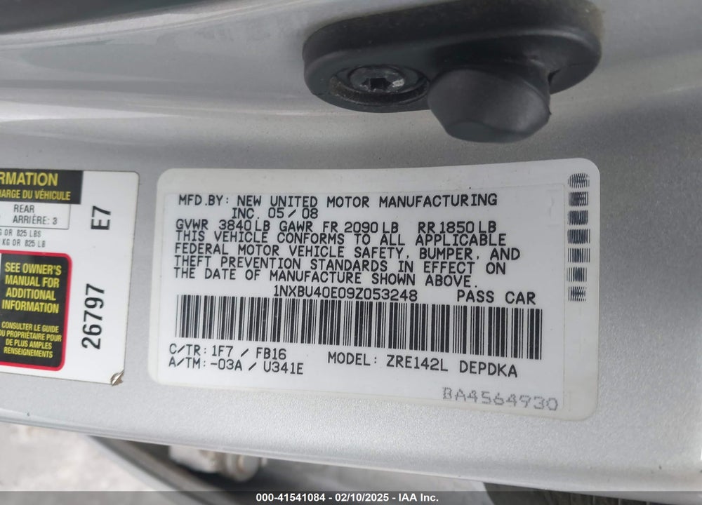 2009 TOYOTA COROLLA VIN: 1NXBU40E09Z053248