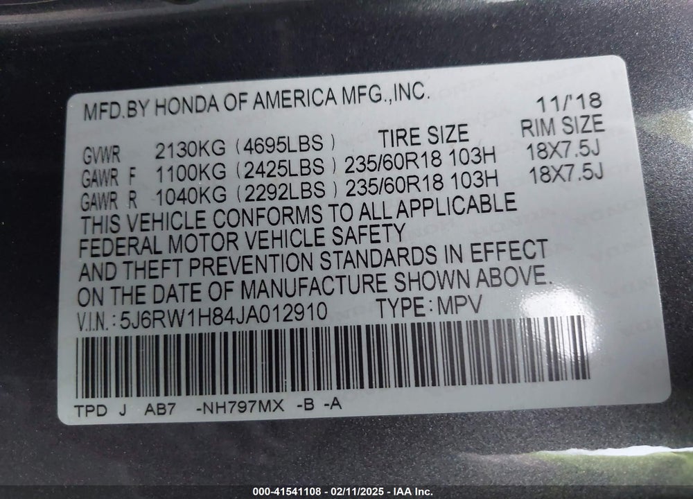 2018 HONDA CR-V EX-L/EX-L NAVI VIN: 5J6RW1H84JA012910