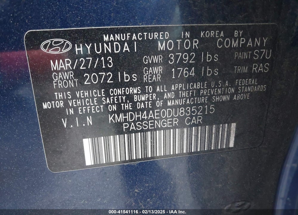2013 HYUNDAI ELANTRA VIN: KMHDH4AE0DU835215