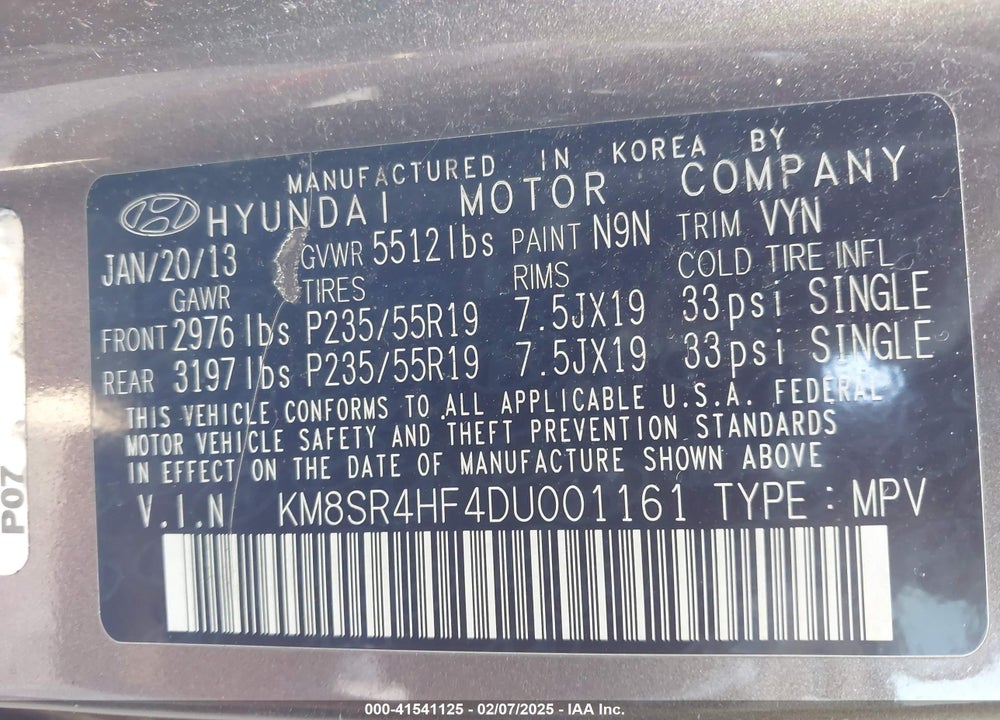 2013 HYUNDAI SANTA FE LIMITED VIN: KM8SR4HF4DU001161