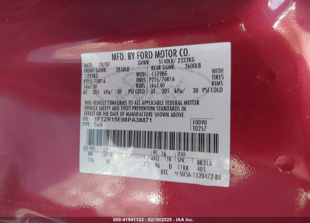 2008 FORD RANGER VIN: 1FTZR15E98PA38871