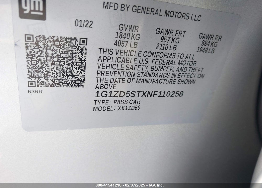 2022 CHEVROLET MALIBU VIN: 1G1ZD5STXNF110258