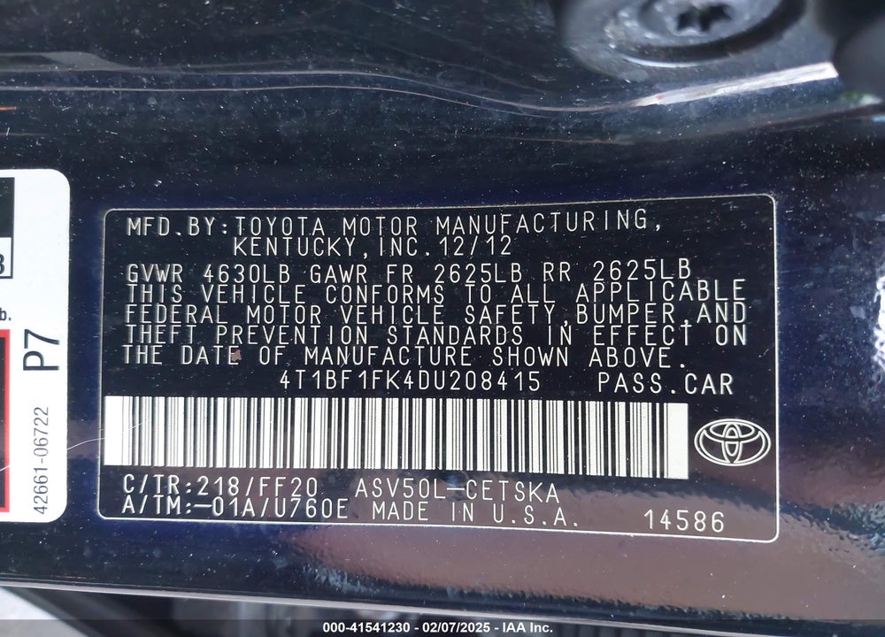 2013 TOYOTA CAMRY VIN: 4T1BF1FK4DU208415