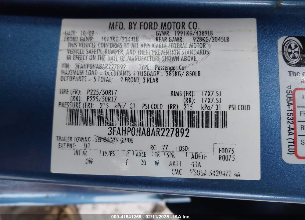 2010 FORD FUSION VIN: 3FAHP0HA8AR227892
