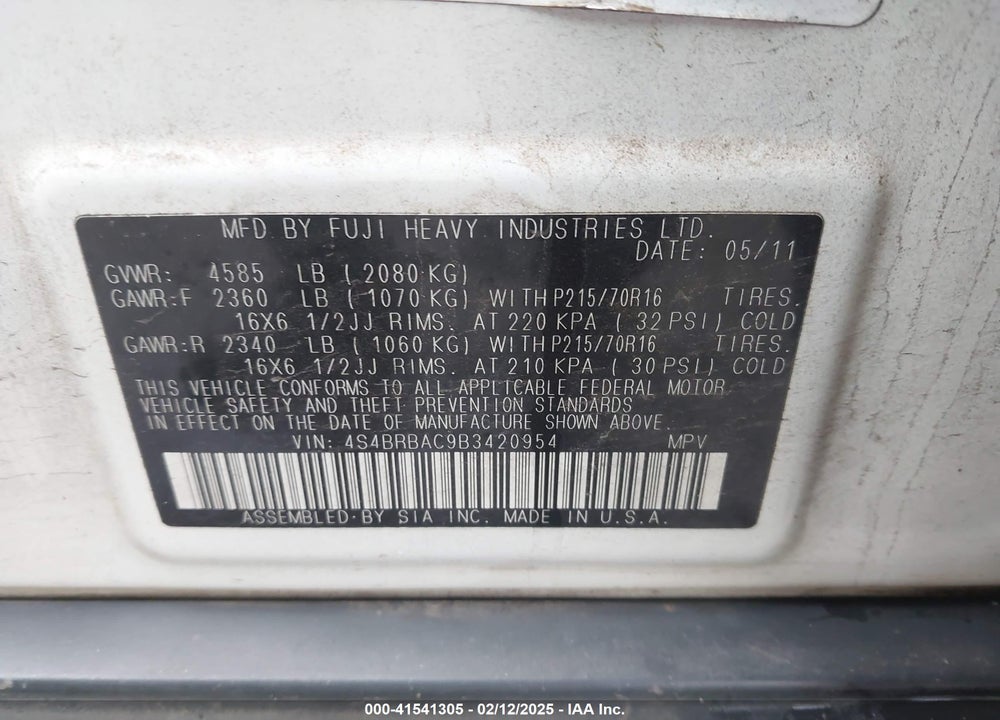 2011 SUBARU OUTBACK 2.5I VIN: 4S4BRBAC9B3420954