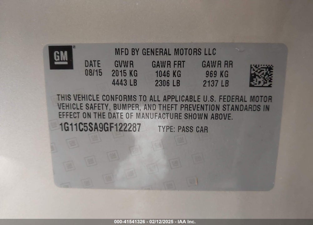 2016 CHEVROLET MALIBU LIMITED VIN: 1G11C5SA9GF122287