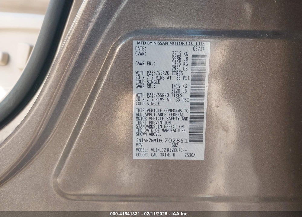 2014 NISSAN PATHFINDER VIN: 5N1AR2MM1EC702851