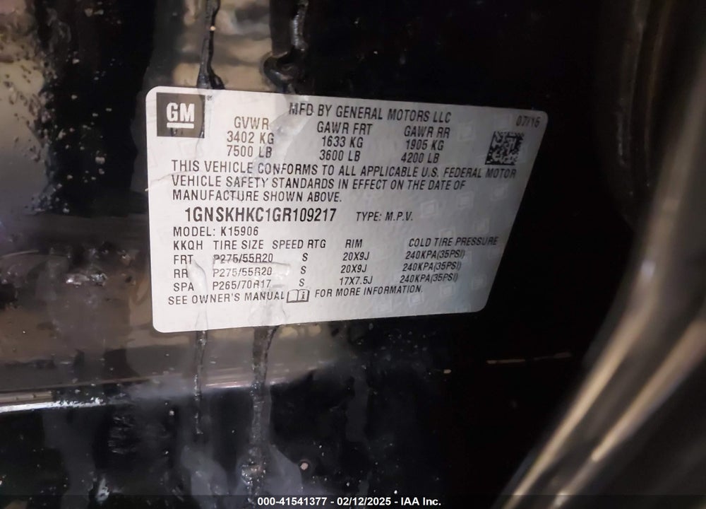 2016 CHEVROLET SUBURBAN LT VIN: 1GNSKHKC1GR109217