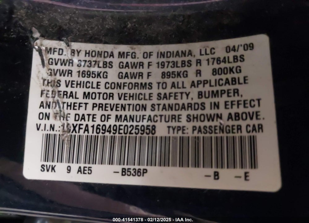2009 HONDA CIVIC EX-L VIN: 19XFA16949E025958