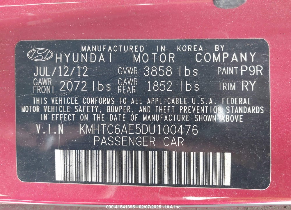 2013 HYUNDAI VELOSTER VIN: KMHTC6AE5DU100476