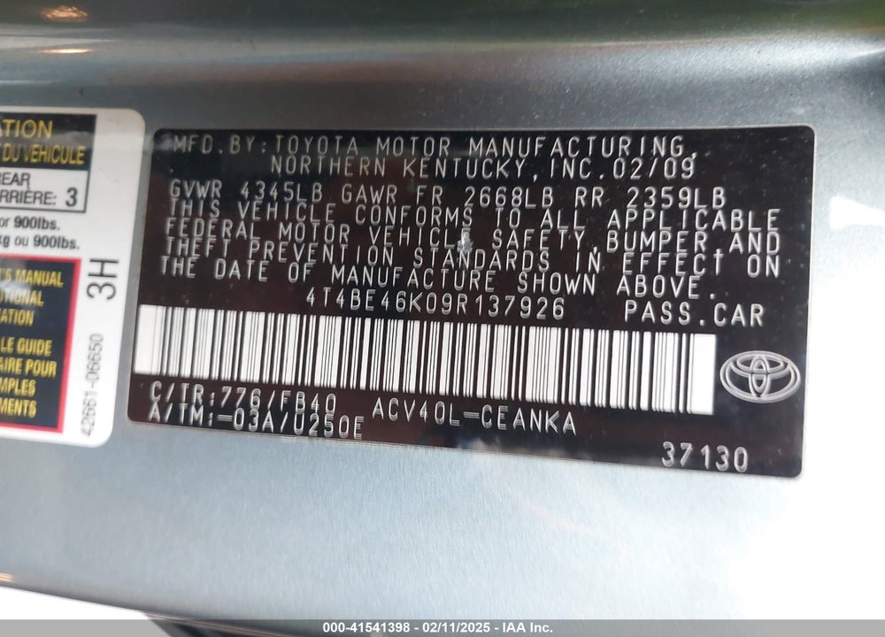 2009 TOYOTA CAMRY LE VIN: 4T4BE46K09R137926