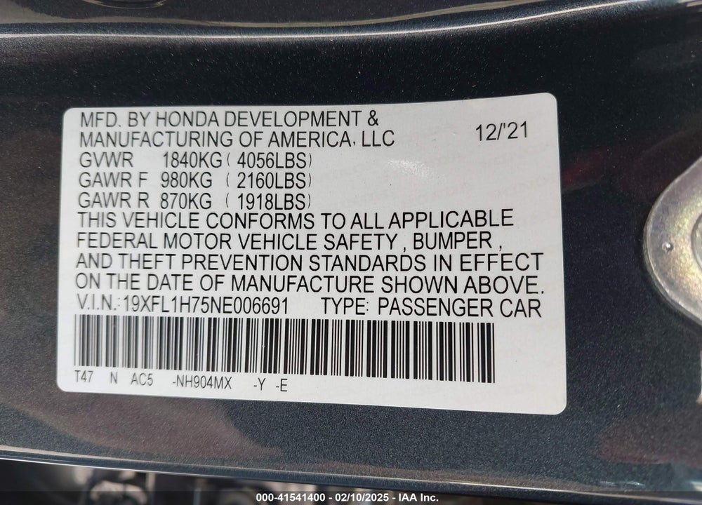 2022 HONDA CIVIC EX-L VIN: 19XFL1H75NE006691