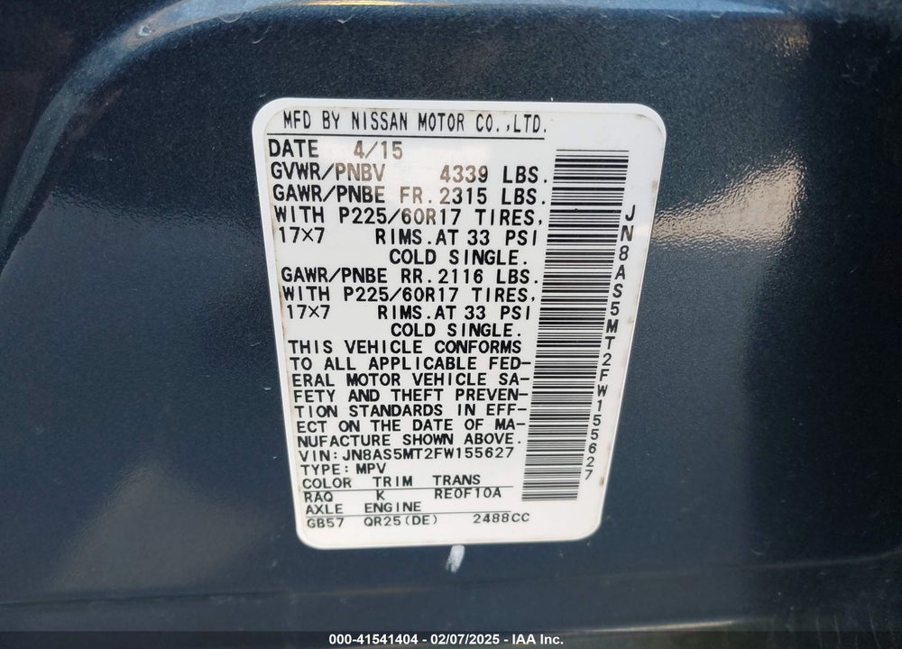 2015 NISSAN ROGUE SELECT S VIN: JN8AS5MT2FW155627