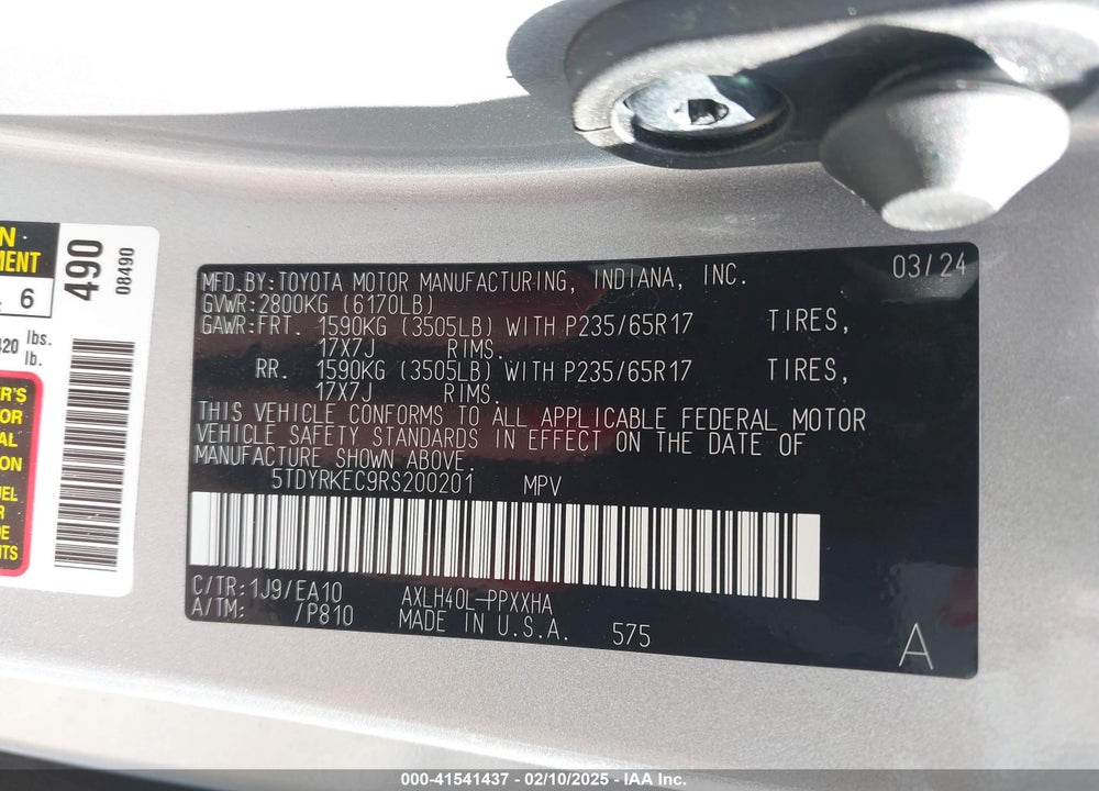 2024 TOYOTA SIENNA VIN: 5TDYRKEC9RS200201