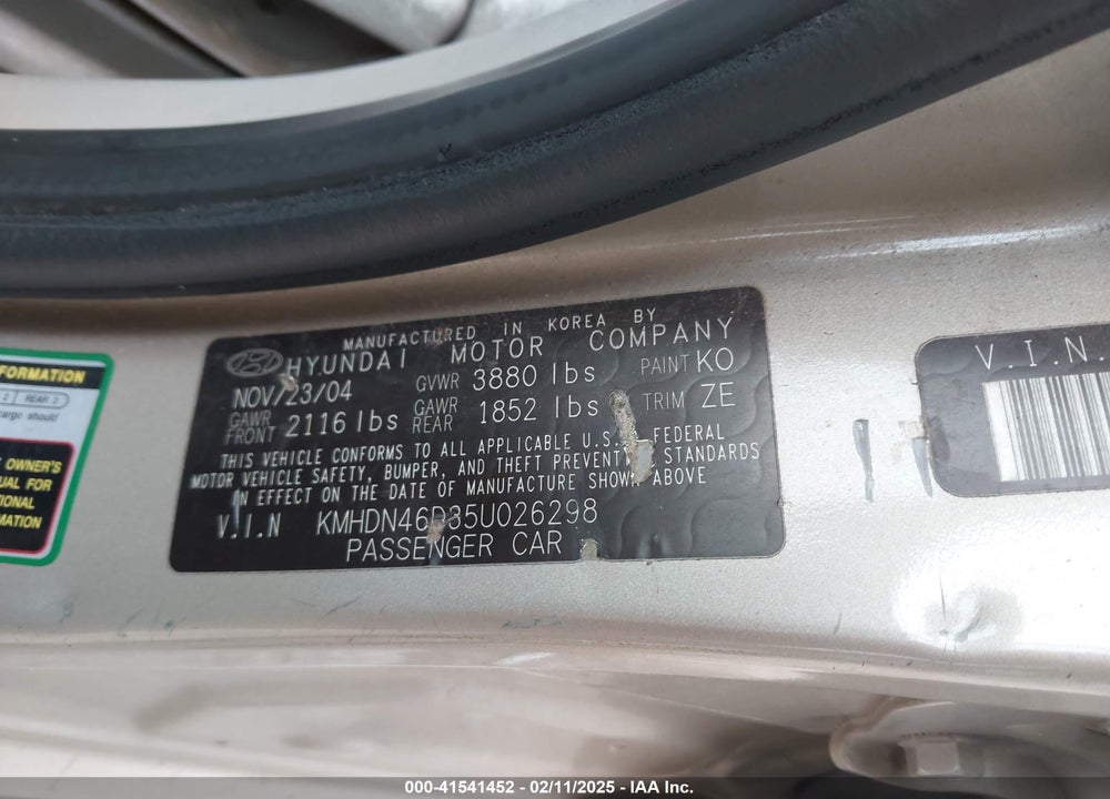 2005 HYUNDAI ELANTRA GLS/GT VIN: KMHDN46D35U026298