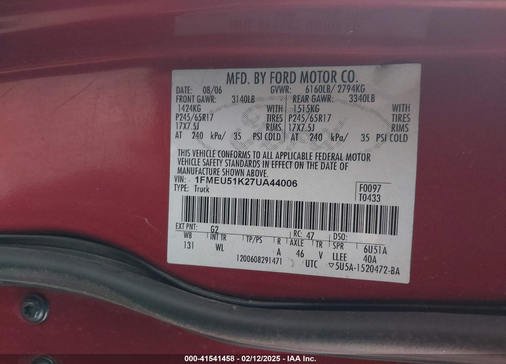 2007 FORD EXPLORER SPORT TRAC XLT VIN: 1FMEU51K27UA44006