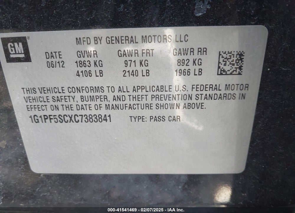 2012 CHEVROLET CRUZE 1LT VIN: 1G1PF5SCXC7383841