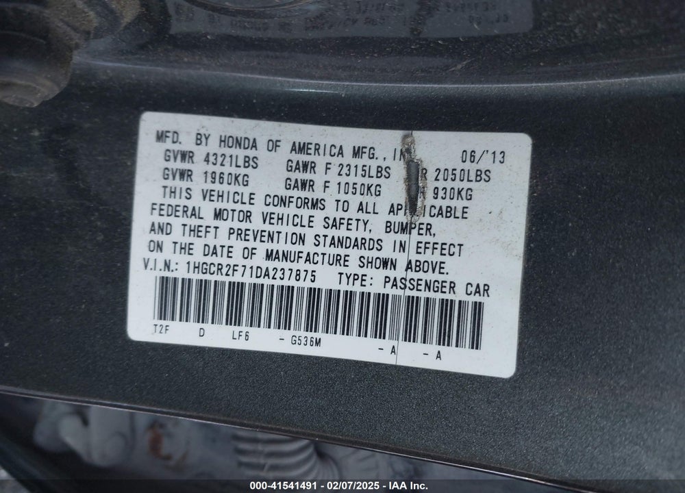 2013 HONDA ACCORD VIN: 1HGCR2F71DA237875