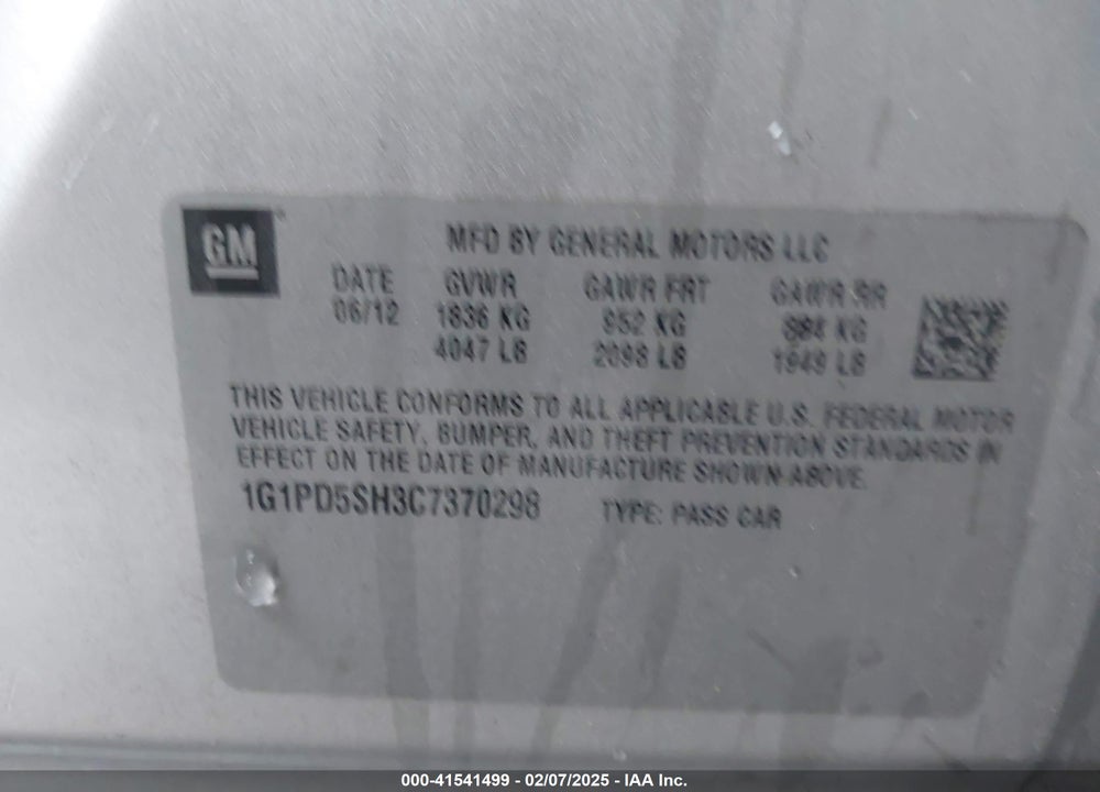 2012 CHEVROLET CRUZE VIN: 1G1PD5SH3C7370298