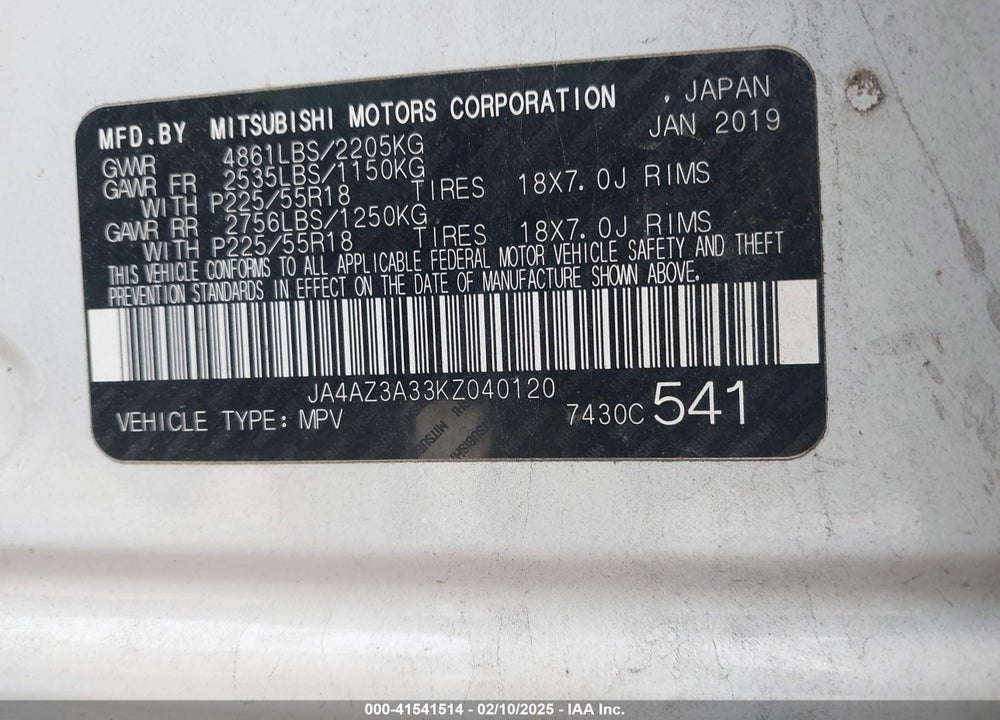 2019 MITSUBISHI OUTLANDER VIN: JA4AZ3A33KZ040120