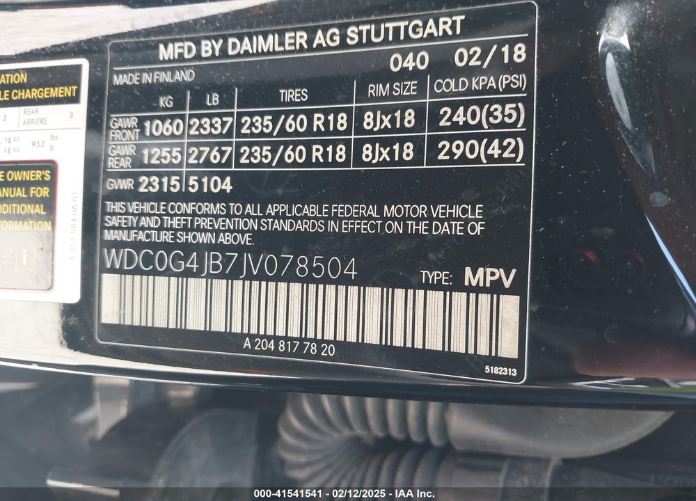2018 MERCEDES-BENZ GLC 300 VIN: WDC0G4JB7JV078504