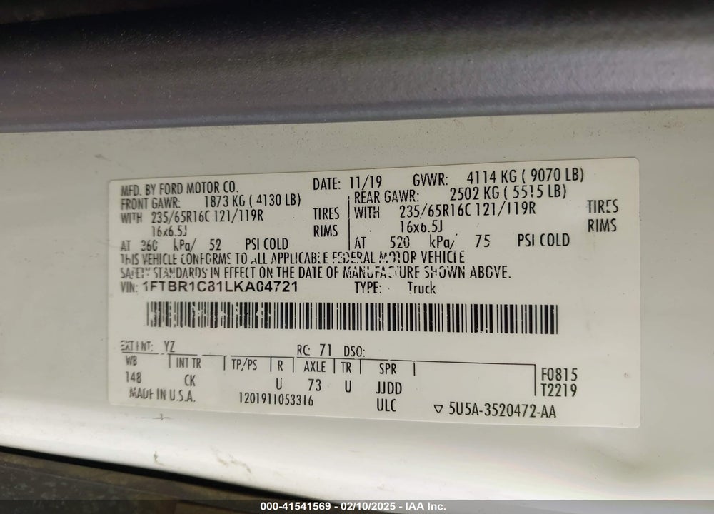 2020 FORD TRANSIT-250 VIN: 1FTBR1C81LKA04721