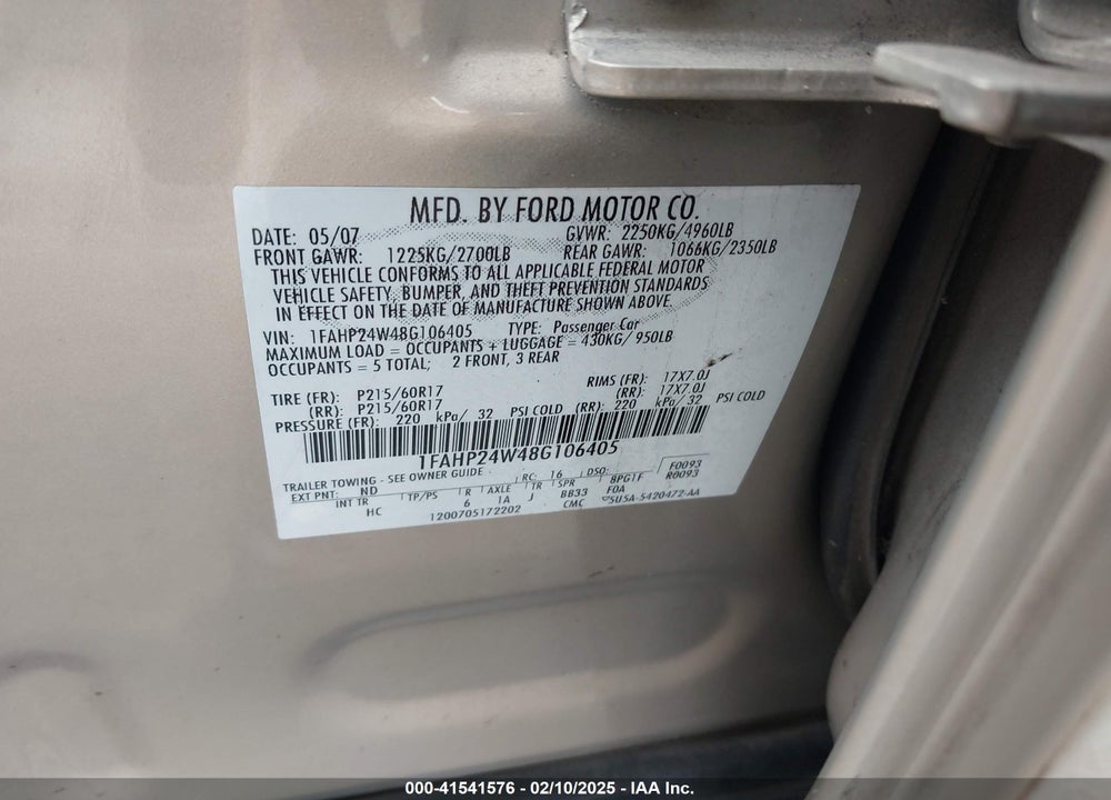 2008 FORD TAURUS VIN: 1FAHP24W48G106405