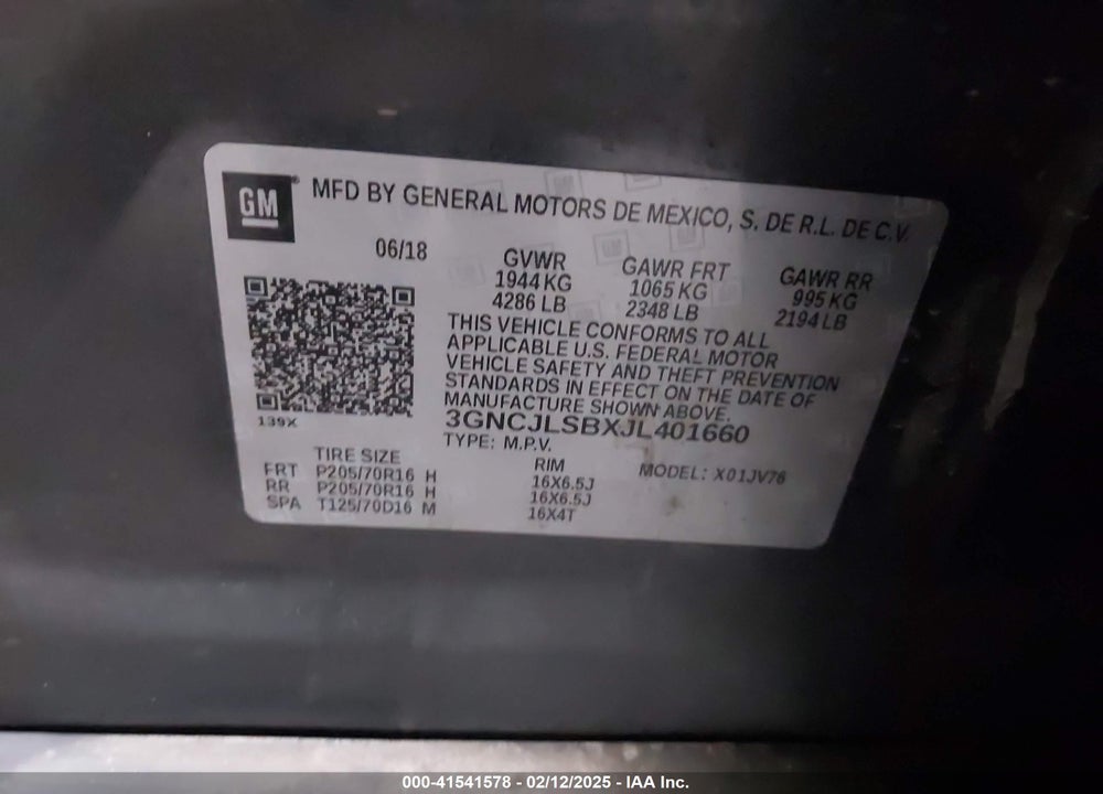 2018 CHEVROLET TRAX VIN: 3GNCJLSBXJL401660