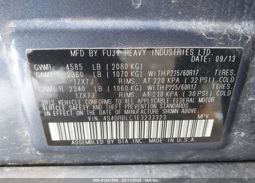 2014 SUBARU OUTBACK 2.5I LIMITED VIN: 4S4BRBLC1E3233323