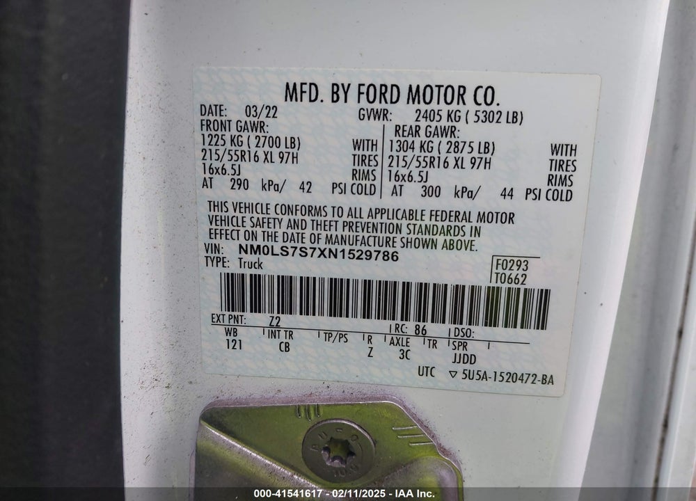 2022 FORD TRANSIT CONNECT VIN: NM0LS7S7XN1529786