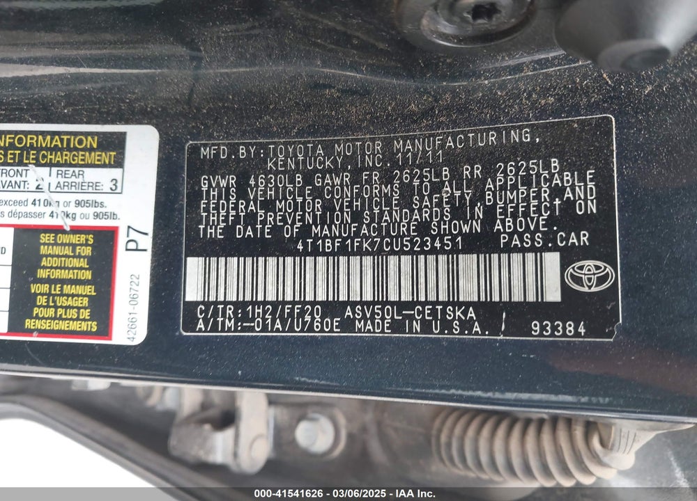 2012 TOYOTA CAMRY SE VIN: 4T1BF1FK7CU523451