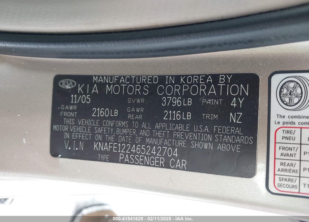 2006 KIA SPECTRA VIN: KNAFE122465242704