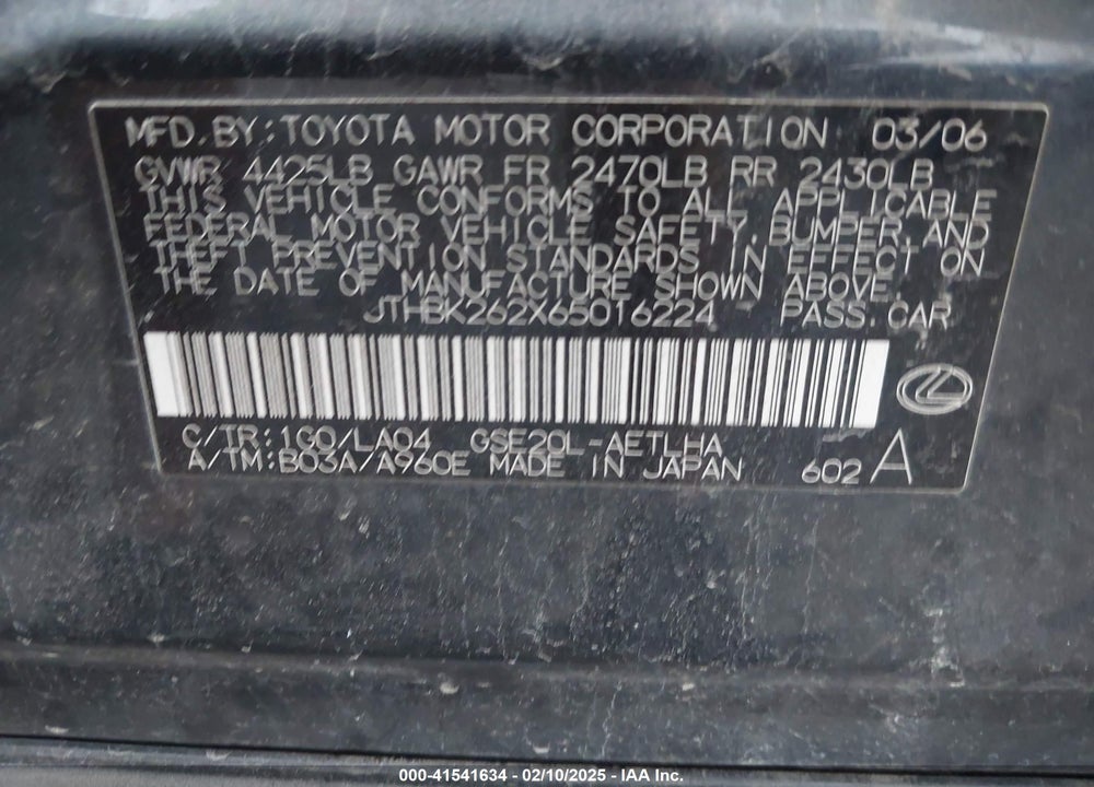 2006 LEXUS IS 250 VIN: JTHBK262X65016224