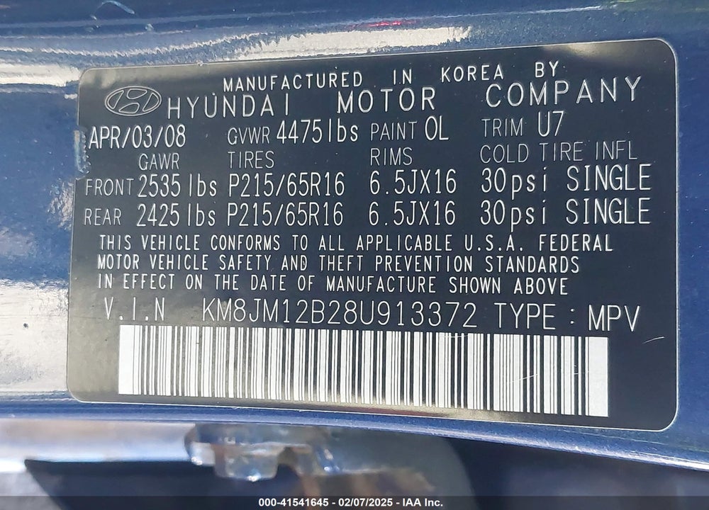 2008 HYUNDAI TUCSON GLS VIN: KM8JM12B28U913372