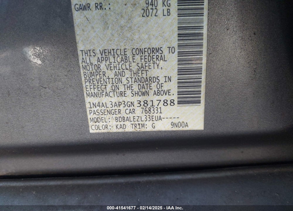 2016 NISSAN ALTIMA VIN: 1N4AL3AP3GN381788