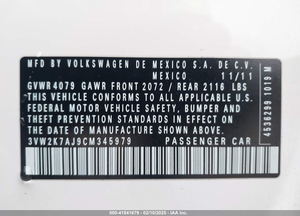 2012 VOLKSWAGEN JETTA VIN: 3VW2K7AJ9CM345979
