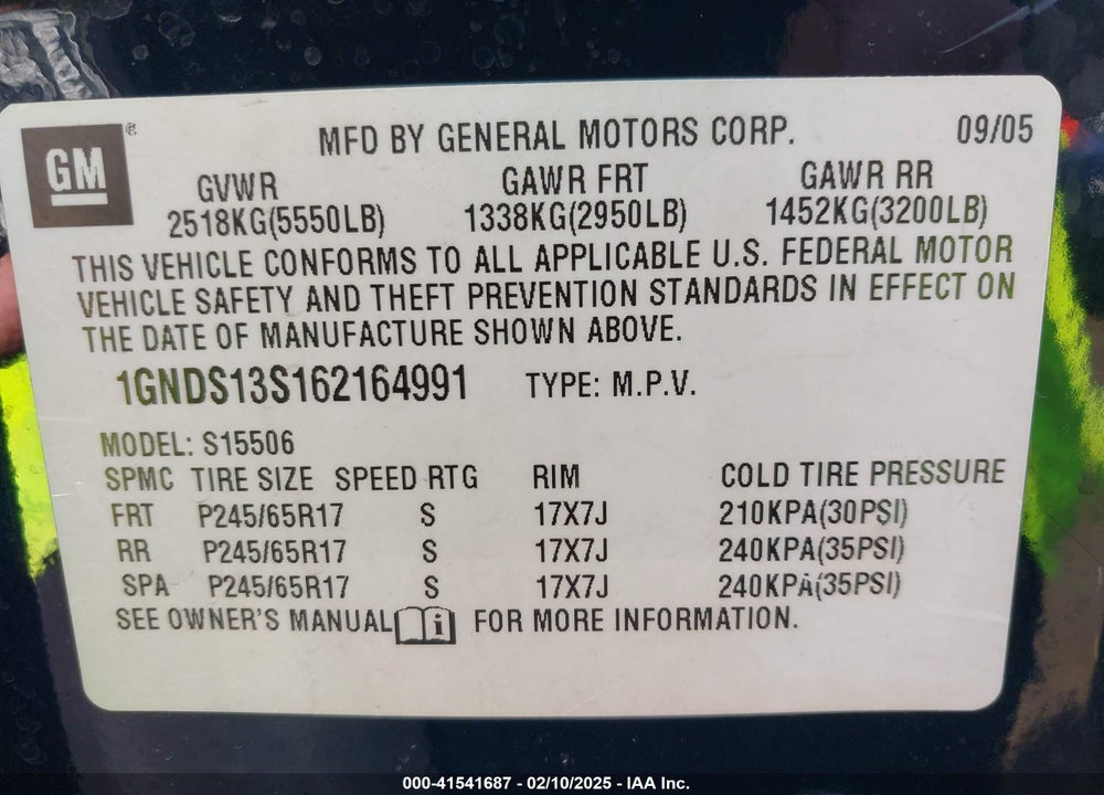 2006 CHEVROLET TRAILBLAZER LT VIN: 1GNDS13S162164991