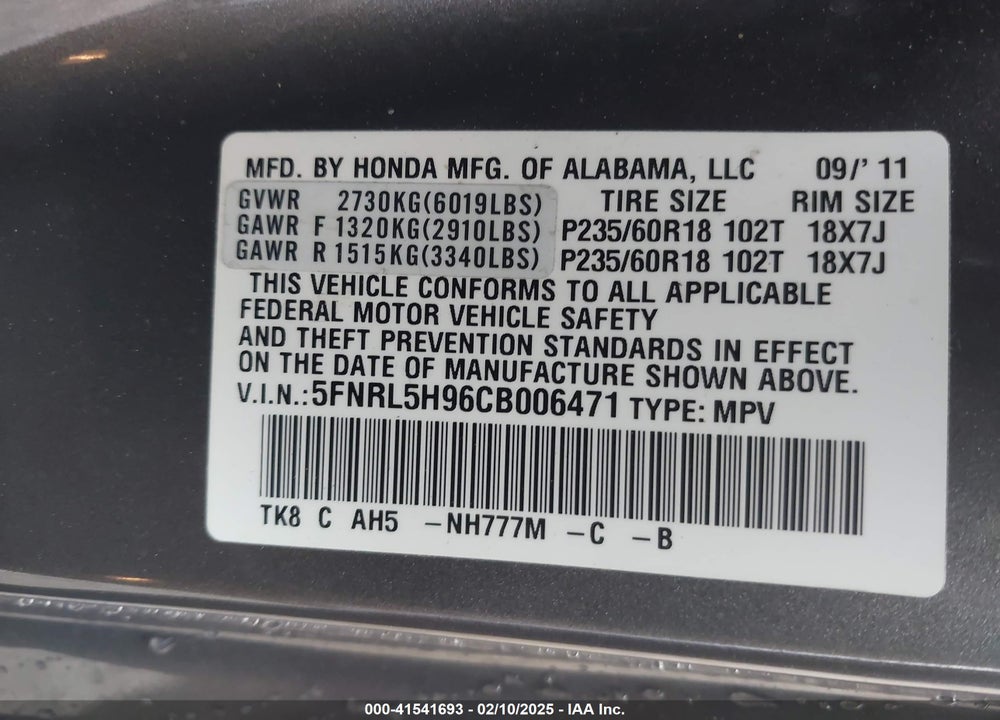 2012 HONDA ODYSSEY TOURING/TOURING ELITE VIN: 5FNRL5H96CB006471