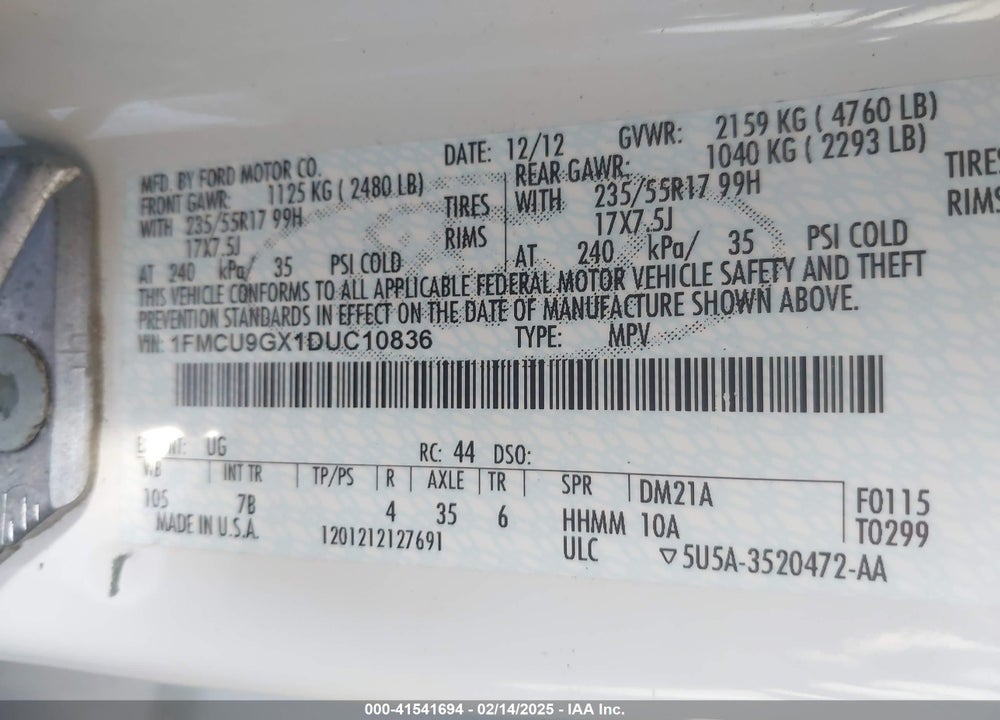 2013 FORD ESCAPE SE VIN: 1FMCU9GX1DUC10836